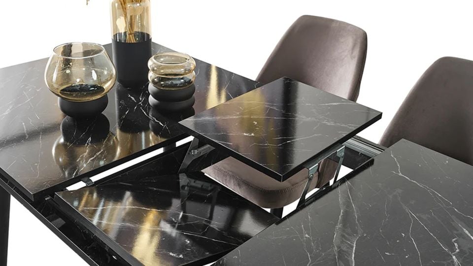 Damla Açılır Yemek Masası Siyah Mermer