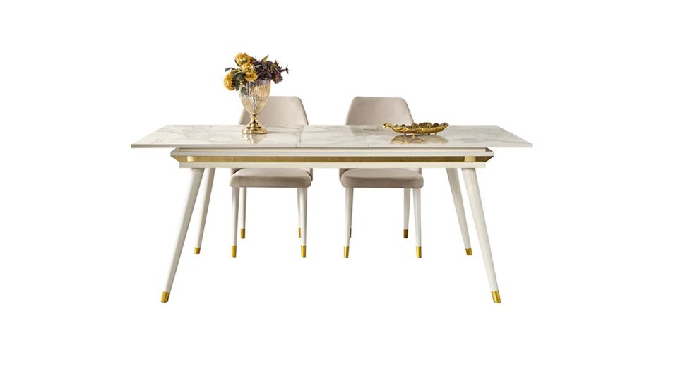 Damla Açılır Yemek Masası Beyaz Mermer