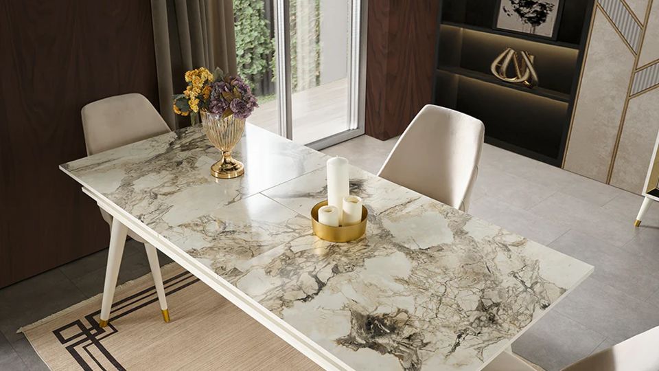 Damla Açılır Yemek Masası Beyaz Mermer